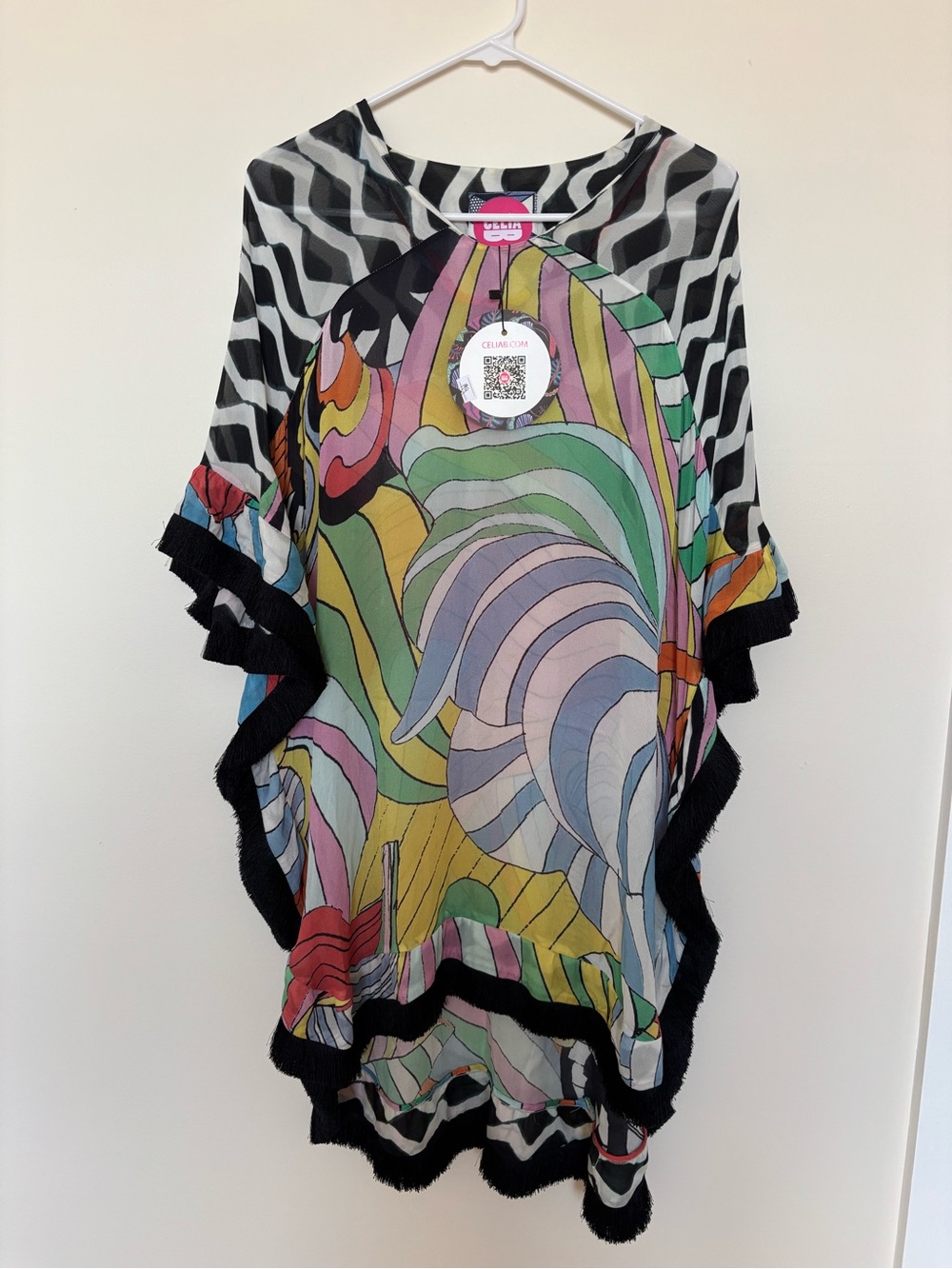 NWT CeliaB Multicolor Geometric Print Tunic with Black Fringe Size L